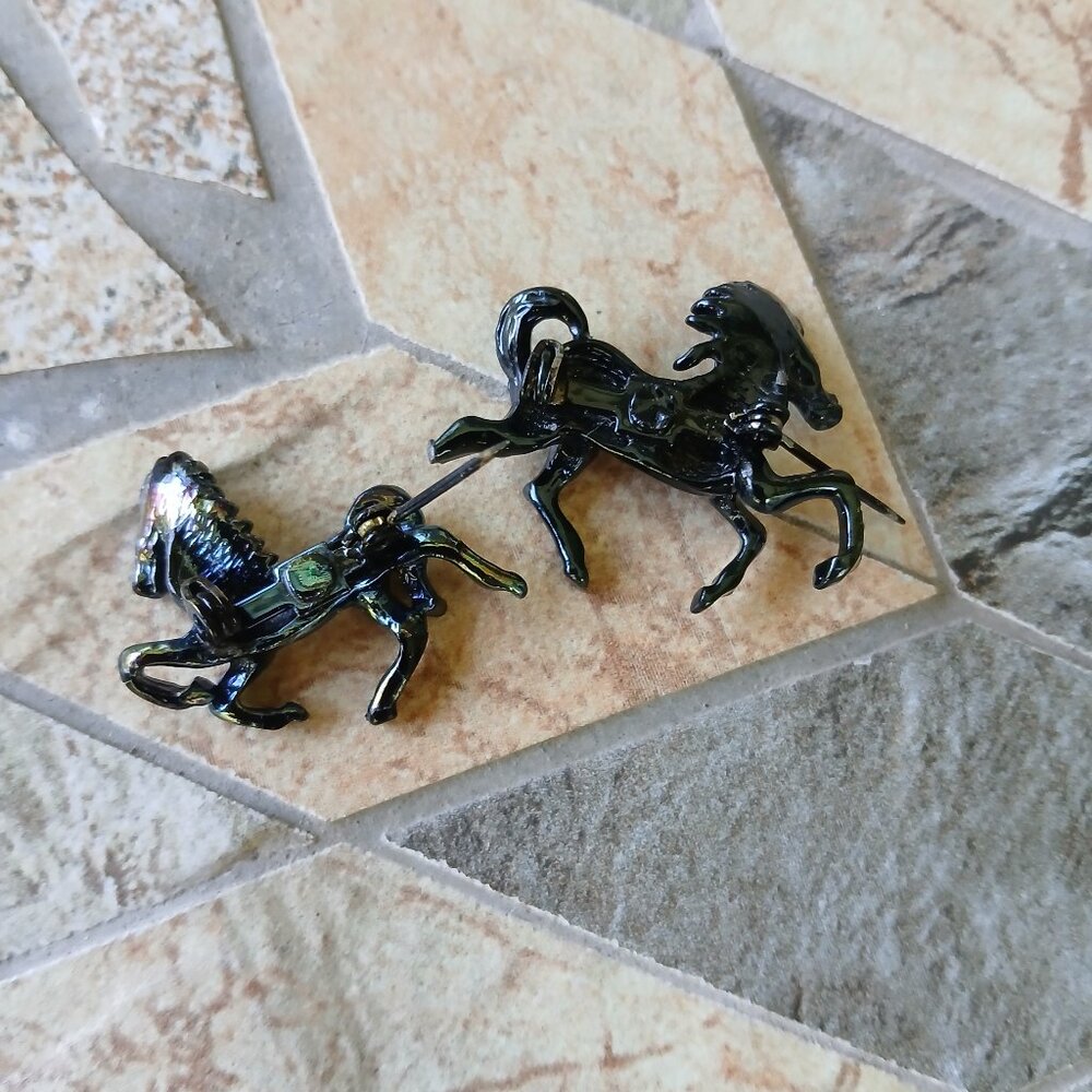 Vintage Black Iridescent Galloping Horse and Pony Brooch Pins (Set of 2 Pins) - Picture 2 of 3